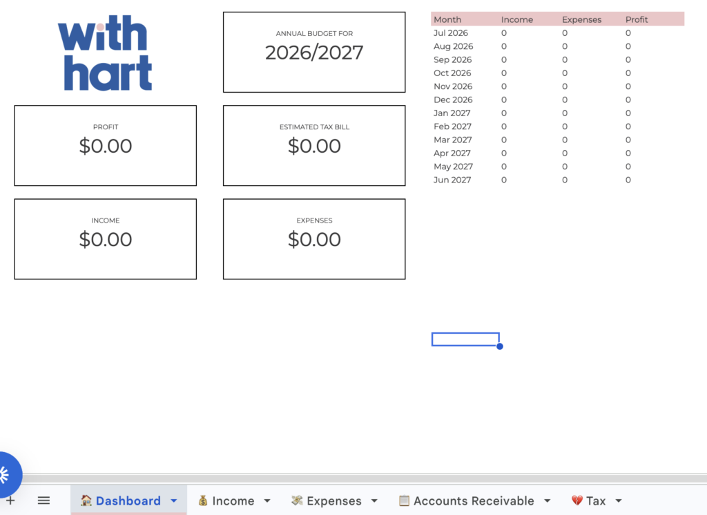 Automated bookkeeping dashboard showing income, expenses and tax estimate